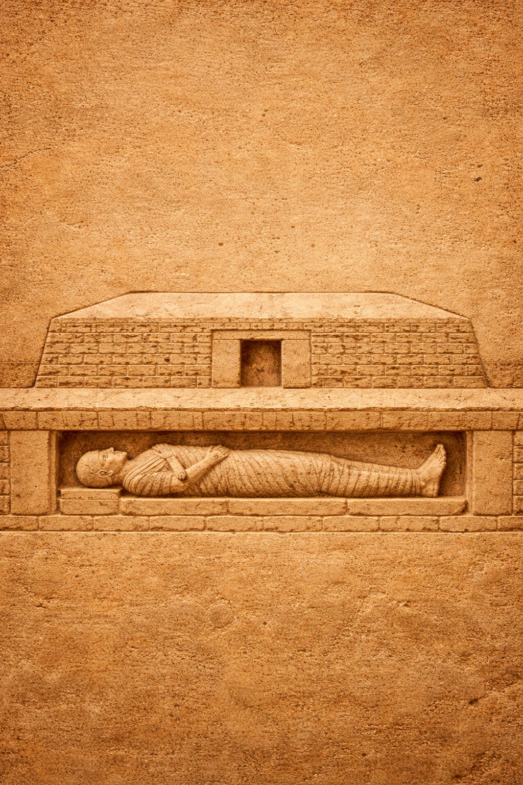 A mastaba — the flat horizontal tomb, a body lying beneath it sealed under weight