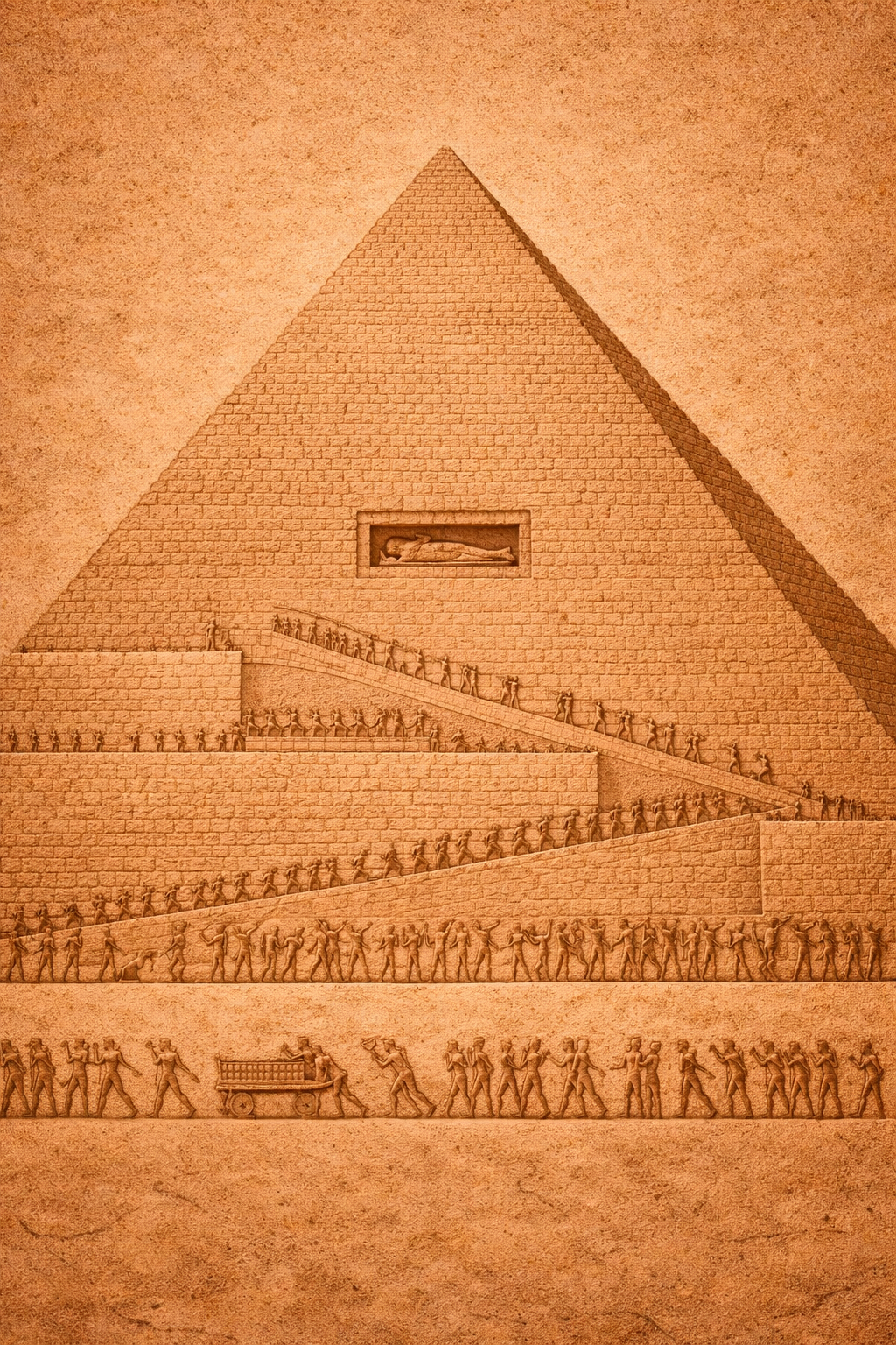 The Great Pyramid — workers diminishing on the ramps, the sarcophagus at the center