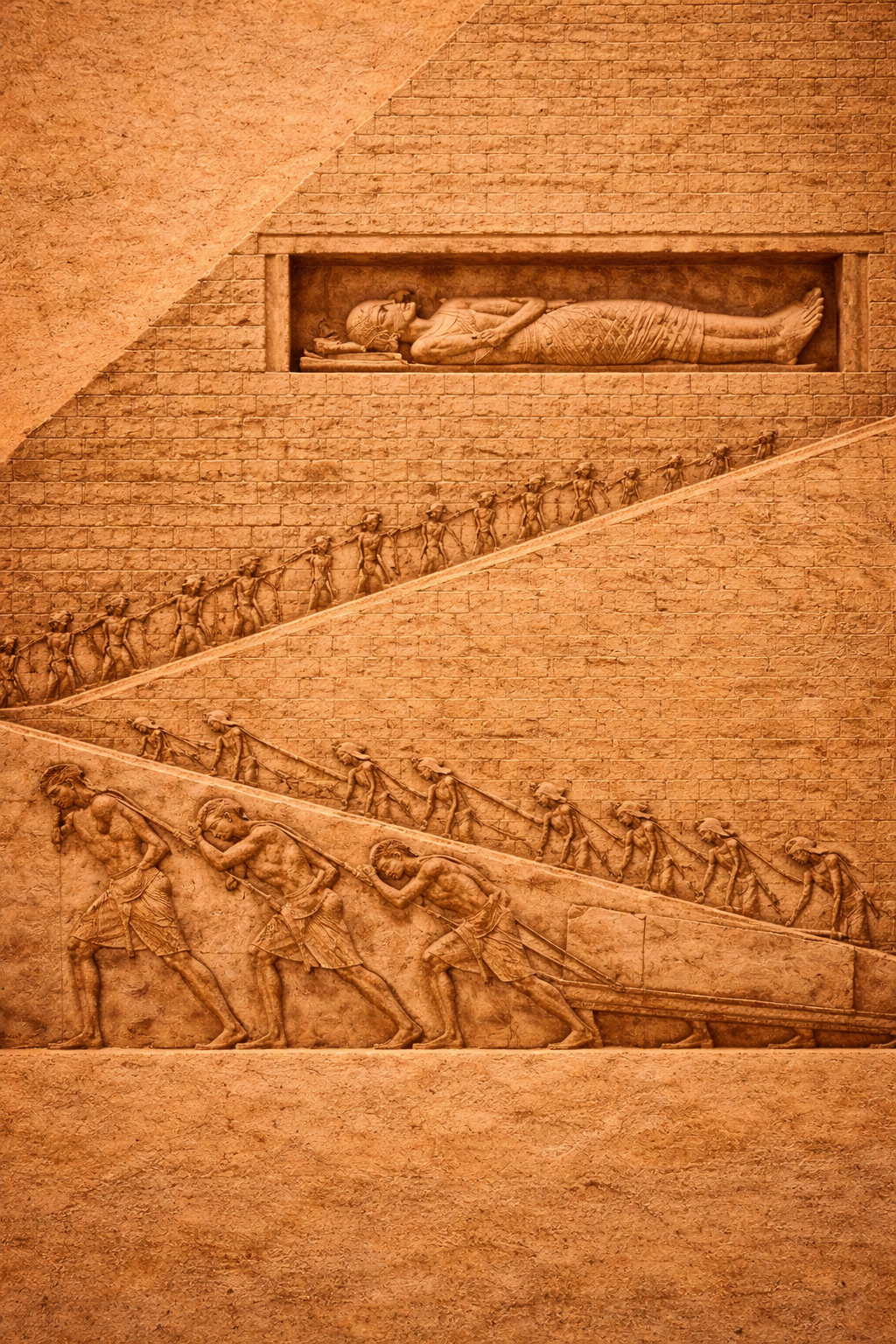 The cost — compressed worker spines at the base, the preserved pharaoh above