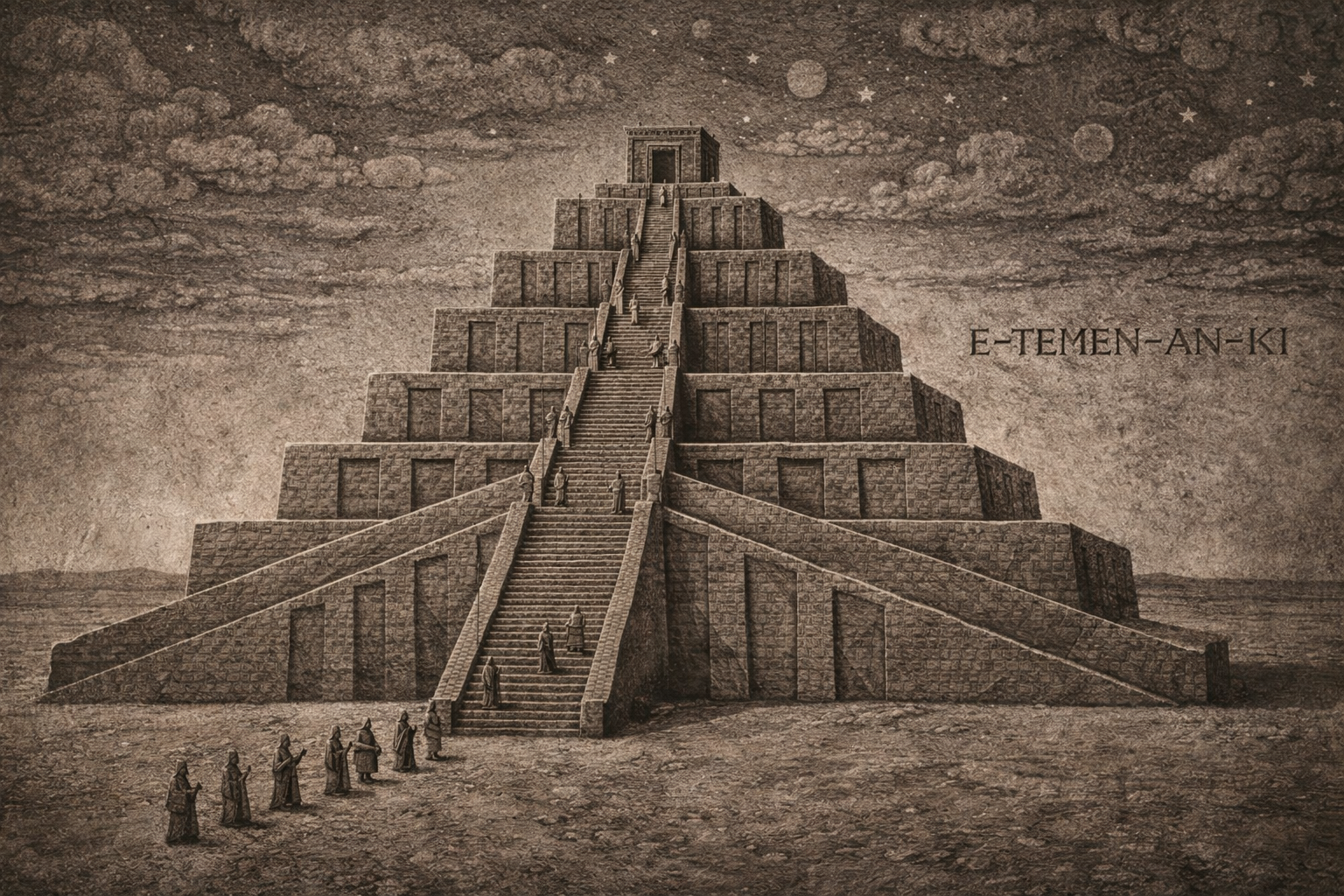 Etemenanki rising from the flat Mesopotamian plain — the only vertical in a horizontal world