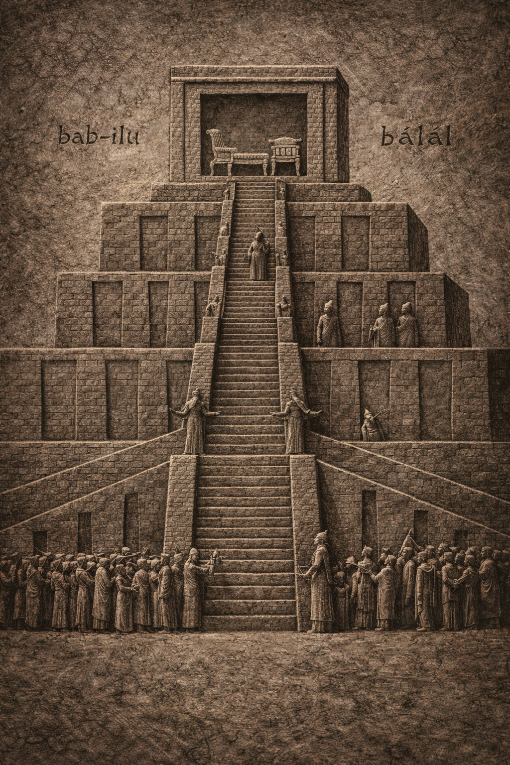 The gate — crowds at the base, guards at the stairs, one priest at the summit. bab-ilu and balal
