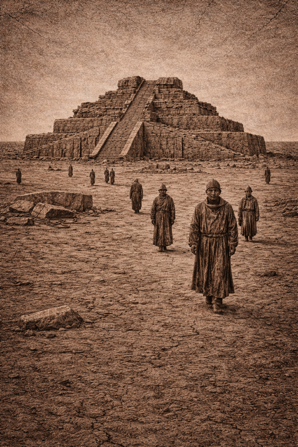 The scattering — figures walking away across the plain, the ruined tower behind them