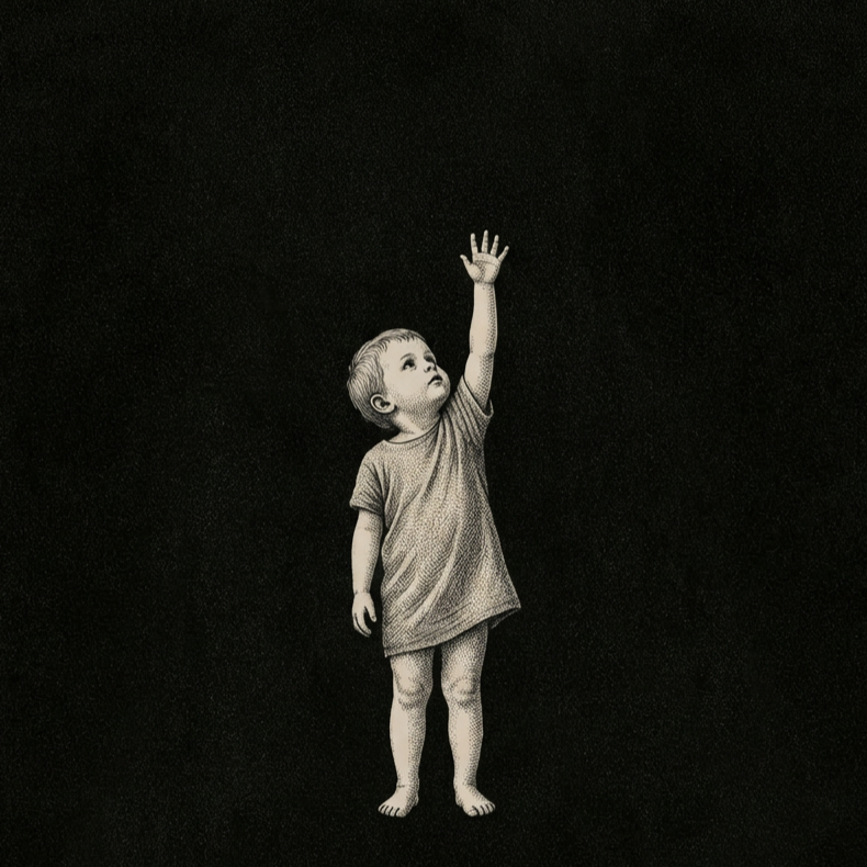 A child standing alone, one arm reaching toward the top of the frame