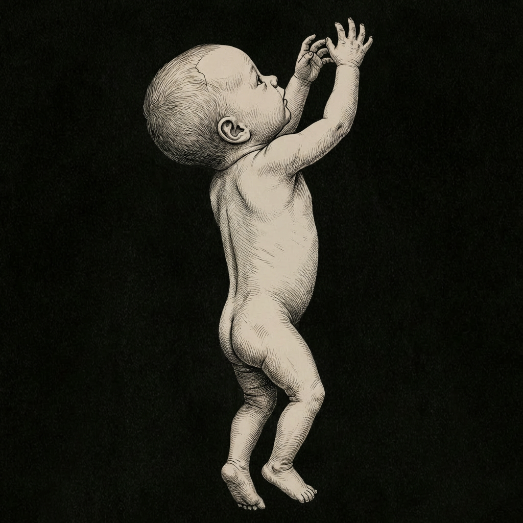 An infant reaching upward — first verticality, fingers grasping at the space above