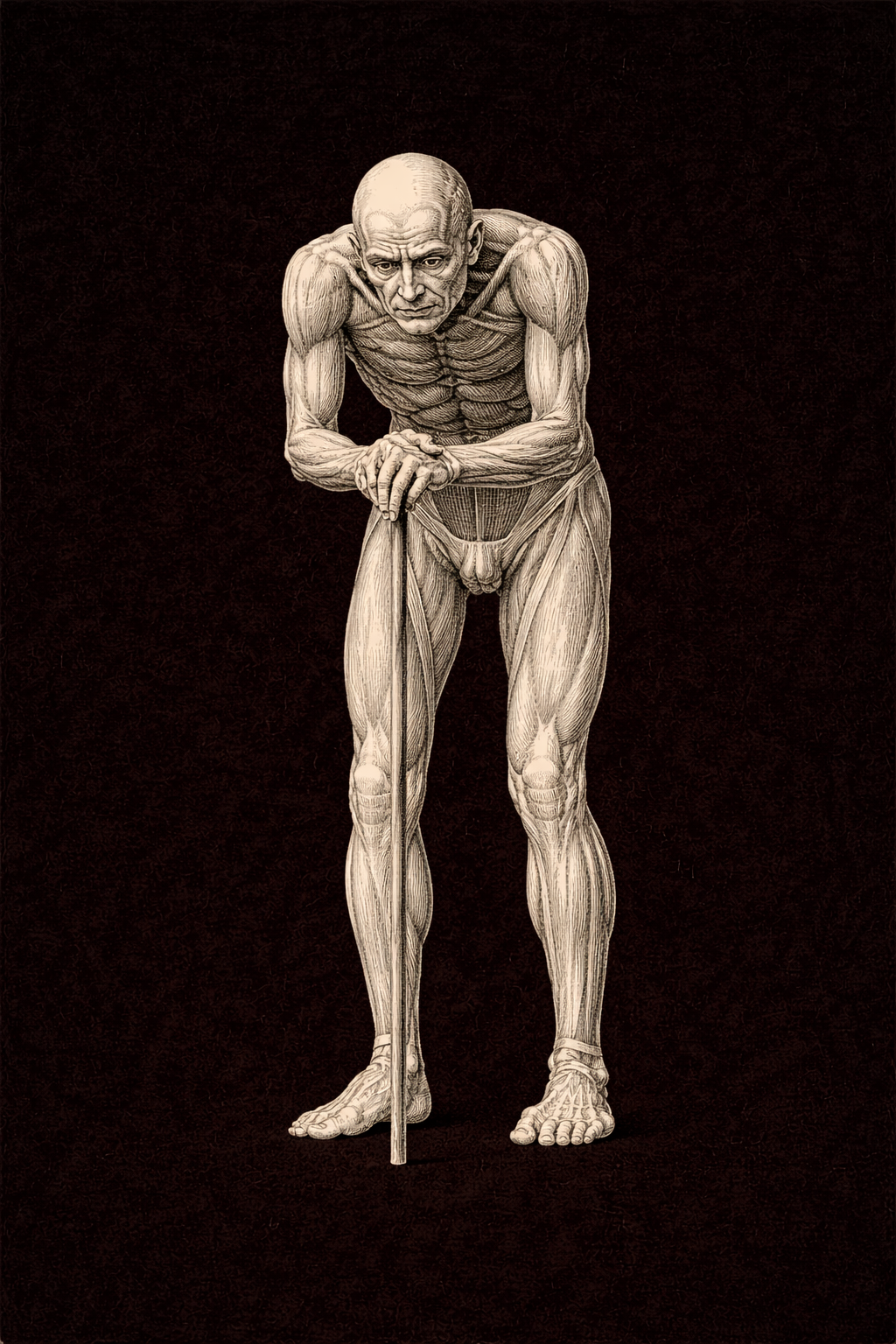 Elderly — deep forward curve, cane in hand, the vertical failing