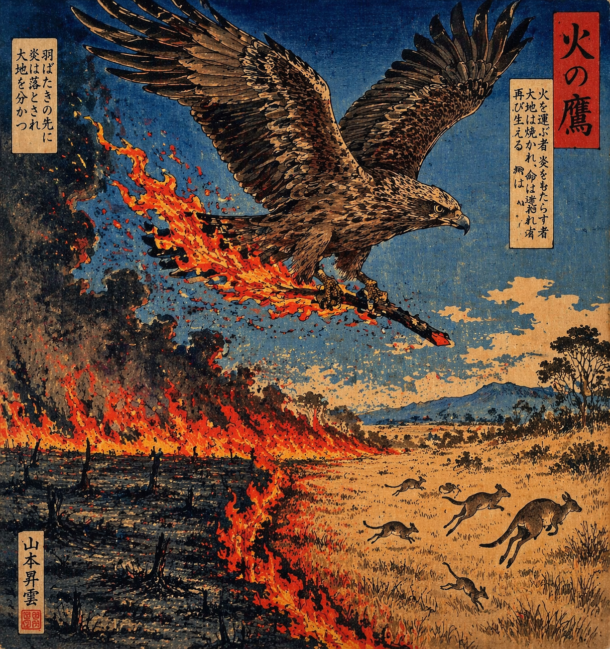 Australian firehawk carrying a burning stick to spread fire