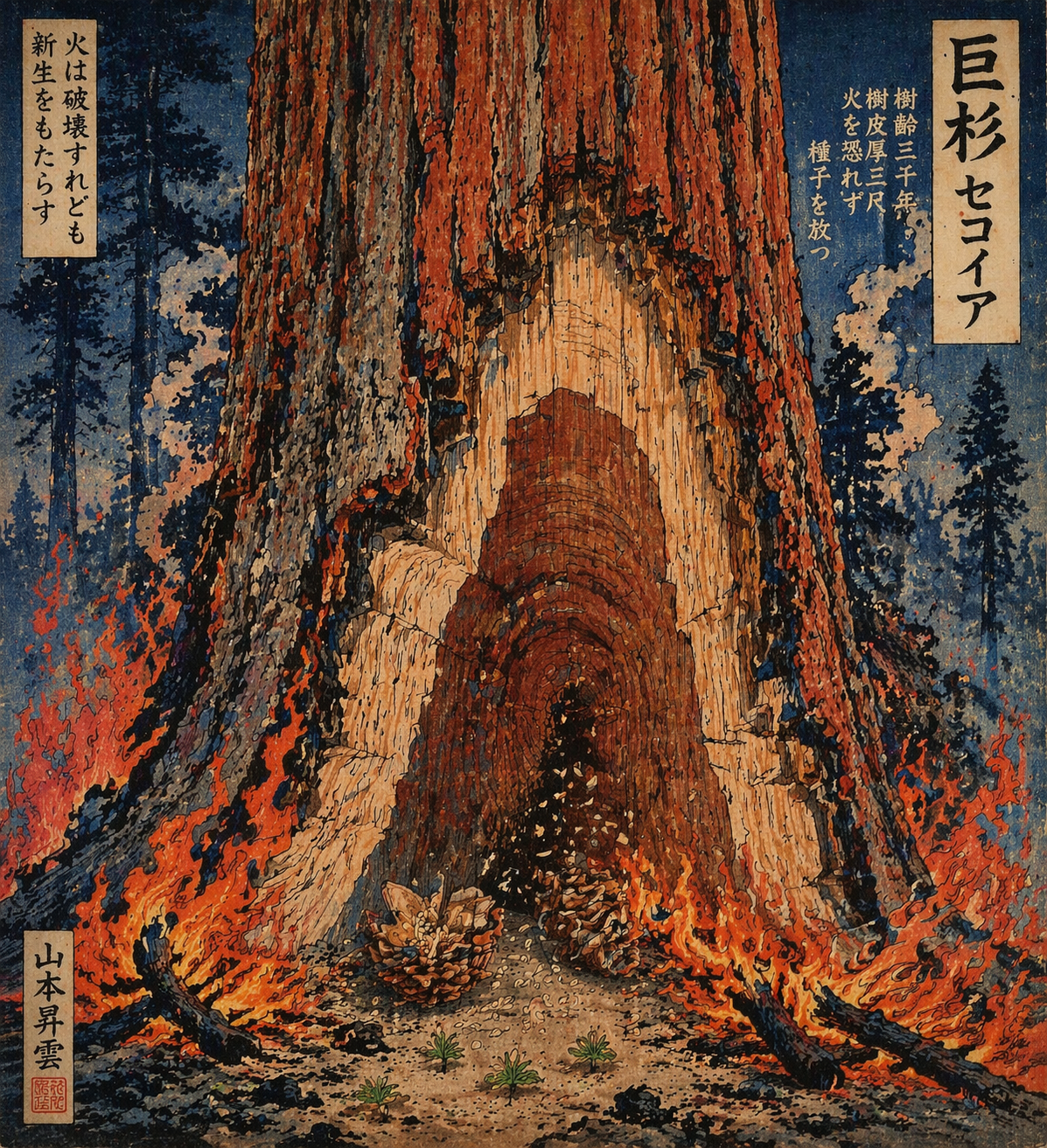 Giant sequoia surviving fire — 3-foot bark, seeds locked in cones for twenty years