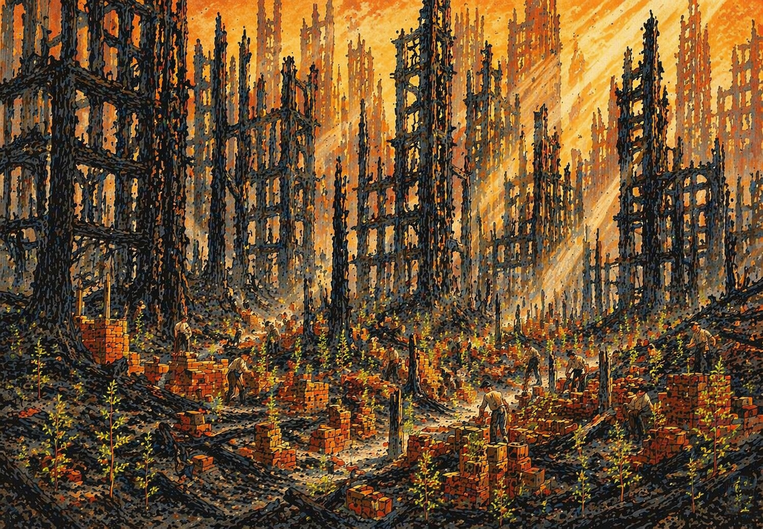 A city after fire — charred building frames like tree trunks, new construction emerging from the ash like seedlings