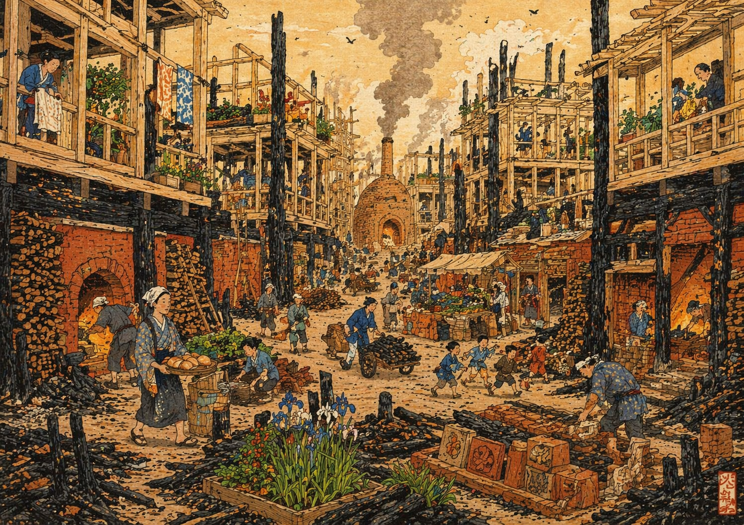 The city rebuilt — fresh wood rising from charred foundations, kilns firing, people living among the cycle