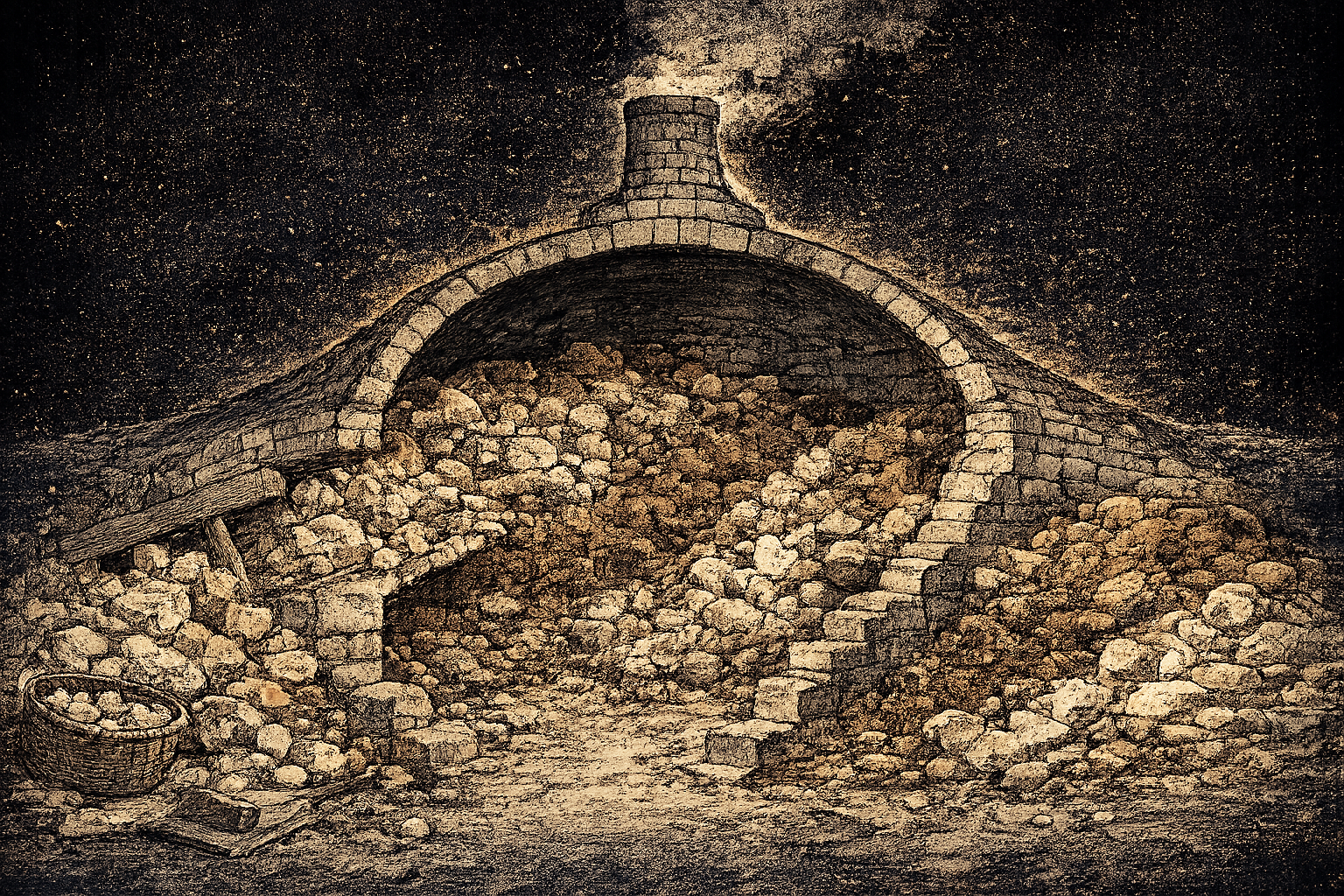 Cross-section of an ancient kiln — raw earth entering, fire transforming, architectural material emerging