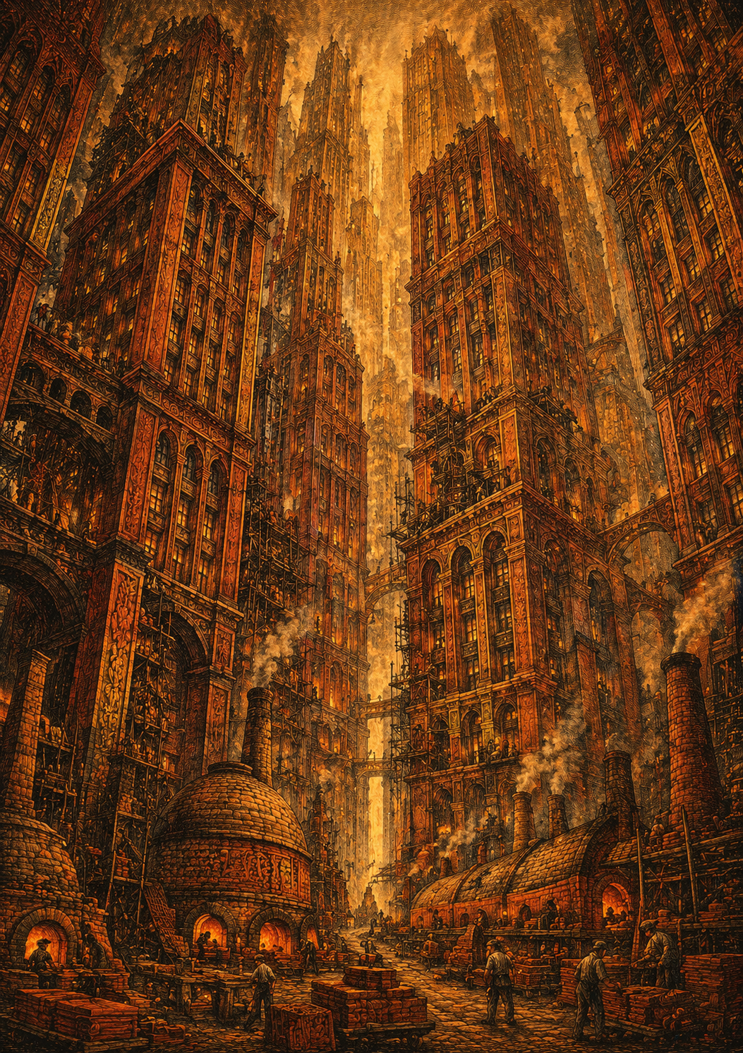A speculative city of terra cotta rising into golden kiln-smoke haze — clay is the key to heaven