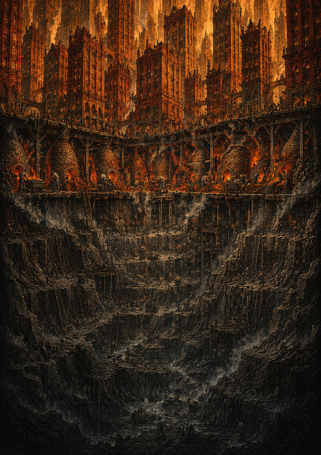 The same city in cross-section — quarries descending as deep as the towers ascend, the earth consumed to become the sky