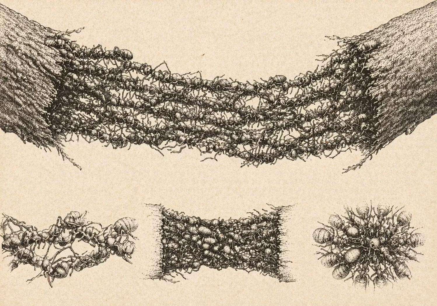 Army ants forming a living bridge from interlocked bodies
