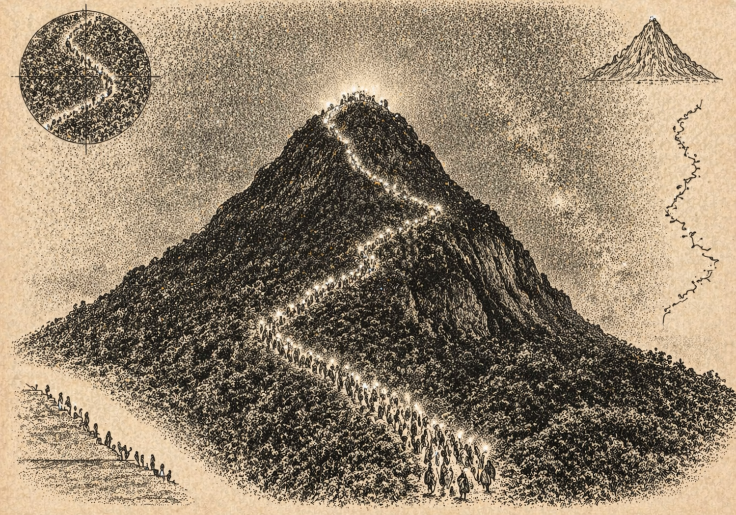 Pilgrims ascending Adam's Peak at night — a sinuous ribbon of light climbing a dark mountainside
