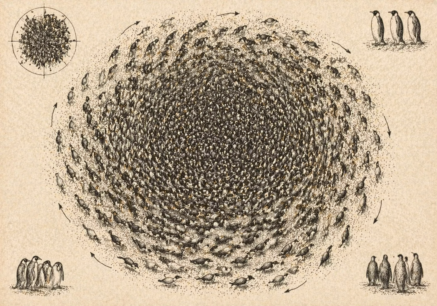 Emperor penguin huddle from above showing rotation pattern