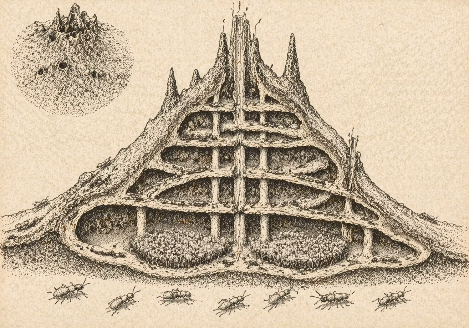 Cross-section of a termite mound showing internal chambers and ramps