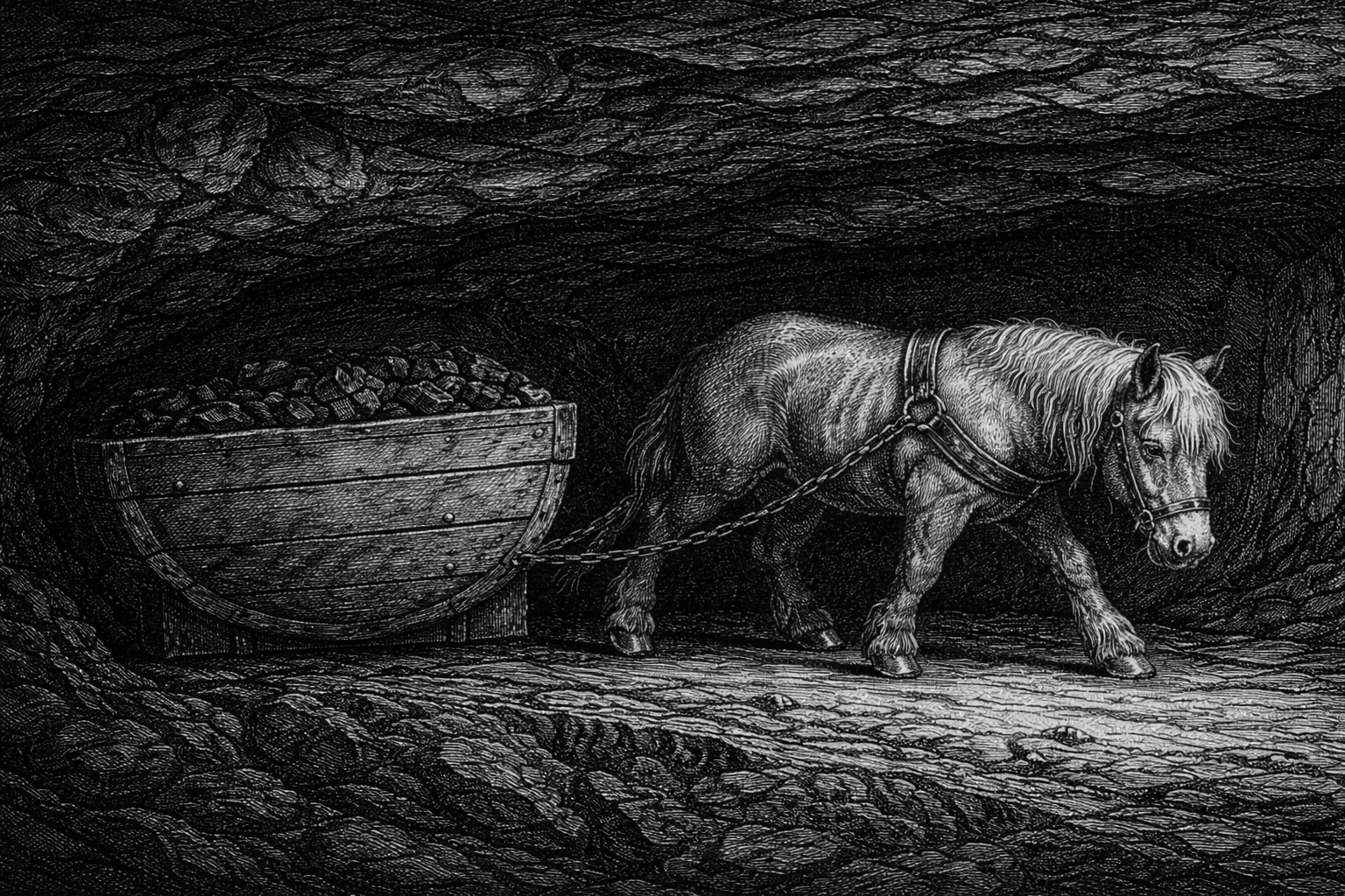 A Shetland pit pony in the same tunnel, now blasted wider, pulling the same coal tub by a chain harness