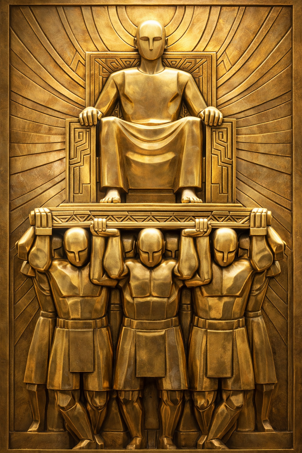 A figure elevated on a carrying chair borne by four bearers — one person's feet at the level of another's head