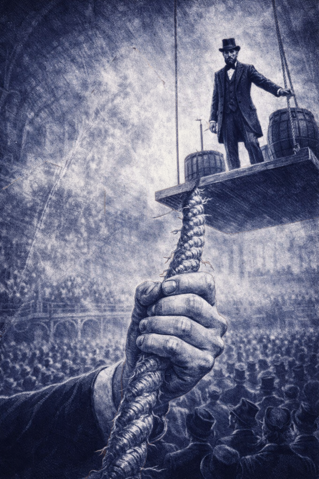 A hand gripping a taut hemp rope, Otis on his platform above the crowd in the Crystal Palace
