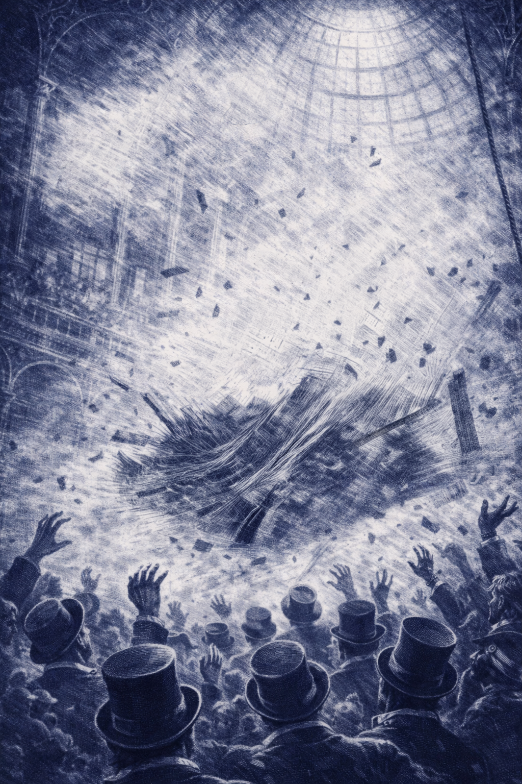 The Crystal Palace interior — crowd recoiling in horror, severed rope whipping upward, top hat floating free