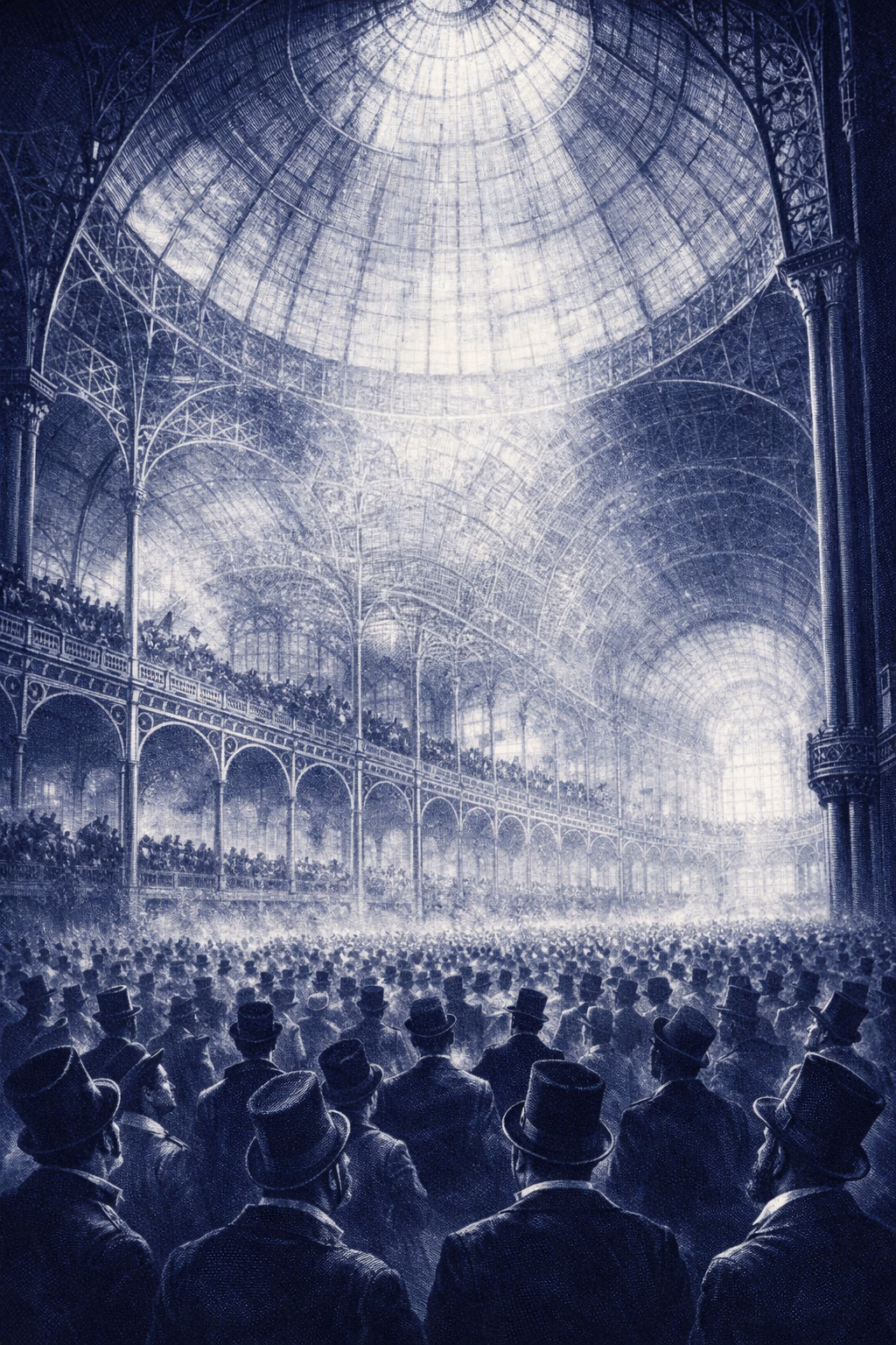 The Crystal Palace interior — a vast glass dome with thousands of spectators looking upward