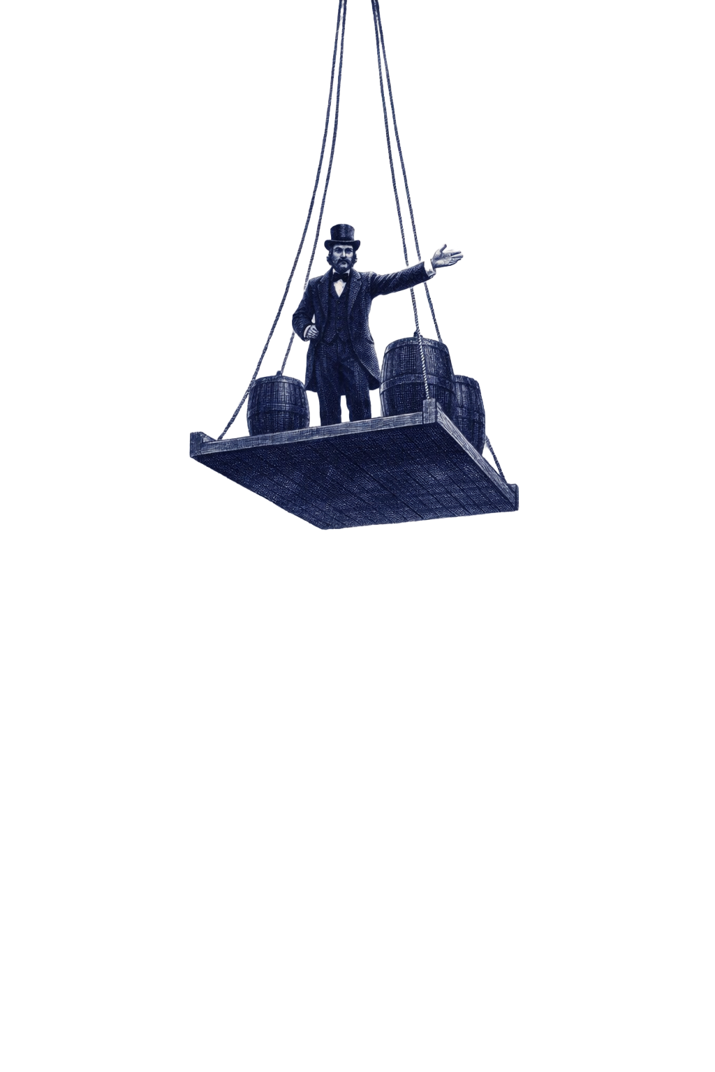 Elisha Otis standing on a wooden platform with barrels, suspended by ropes