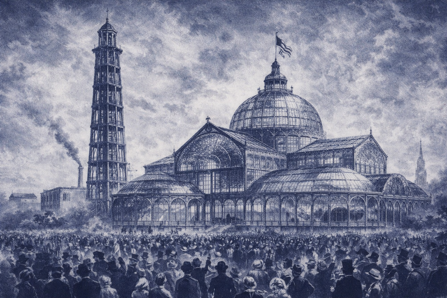 The Crystal Palace exterior — a massive glass and iron structure with the Latting Observatory tower beside it, surrounded by thousands of spectators